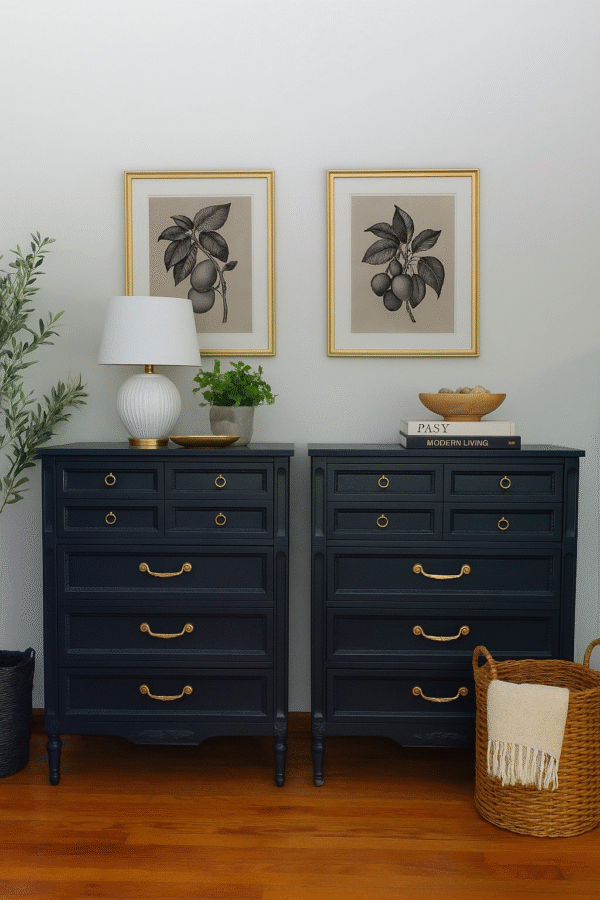 Set of 2 Italian Provincial Navy Blue Chests of Drawers